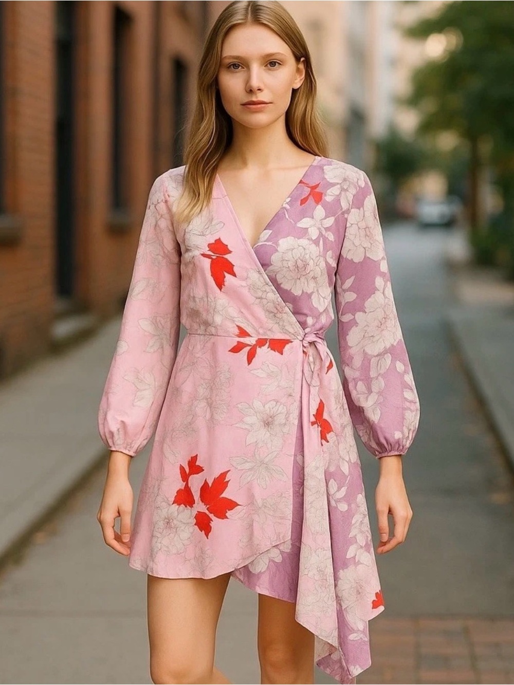 Badgley Mischka Pink Floral Wrap Mini Dress with Red Accents